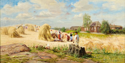 Elias Muukka ”Pappilan ruispellolla” 1880, öljy kankaalla,  34 x 65.