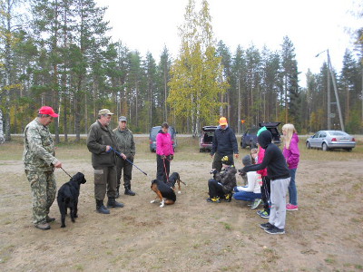 Urheilukentällä oli Eetu Laarin vetämä koirapiste, jossa ryhmä oppilaita sai tutustua metsästyskoiriin, vasemmalla sileäkarvainen noutaja, sitten kaksi suomenajokoiraa ja harmaahirvikoira.