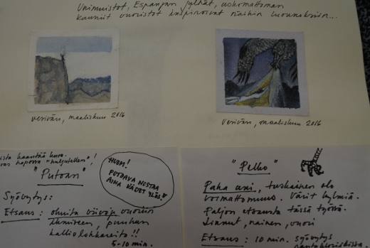 Näyttelyssä esillä olevassa työkirjassa Marja Matikainen kertoo töittensä synnystä kuvin ja sanoin.