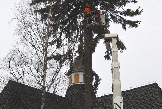 Oksat tipahtelivat tiuhaan tahtiin kirkon kattoa korkeammalta.